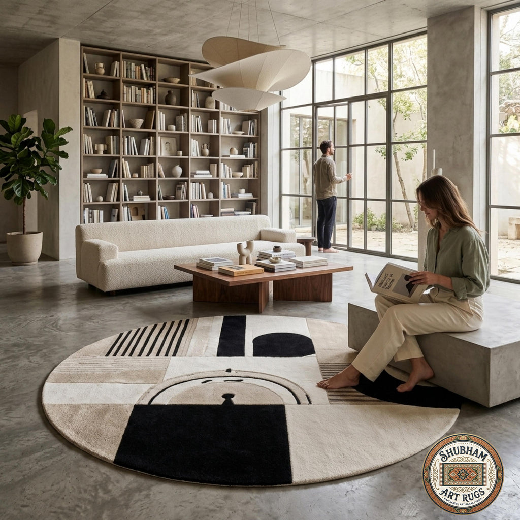 Hand Tufted Wool Rug, Modern Abstract Beige Black Carpet, Custom Area Living Room