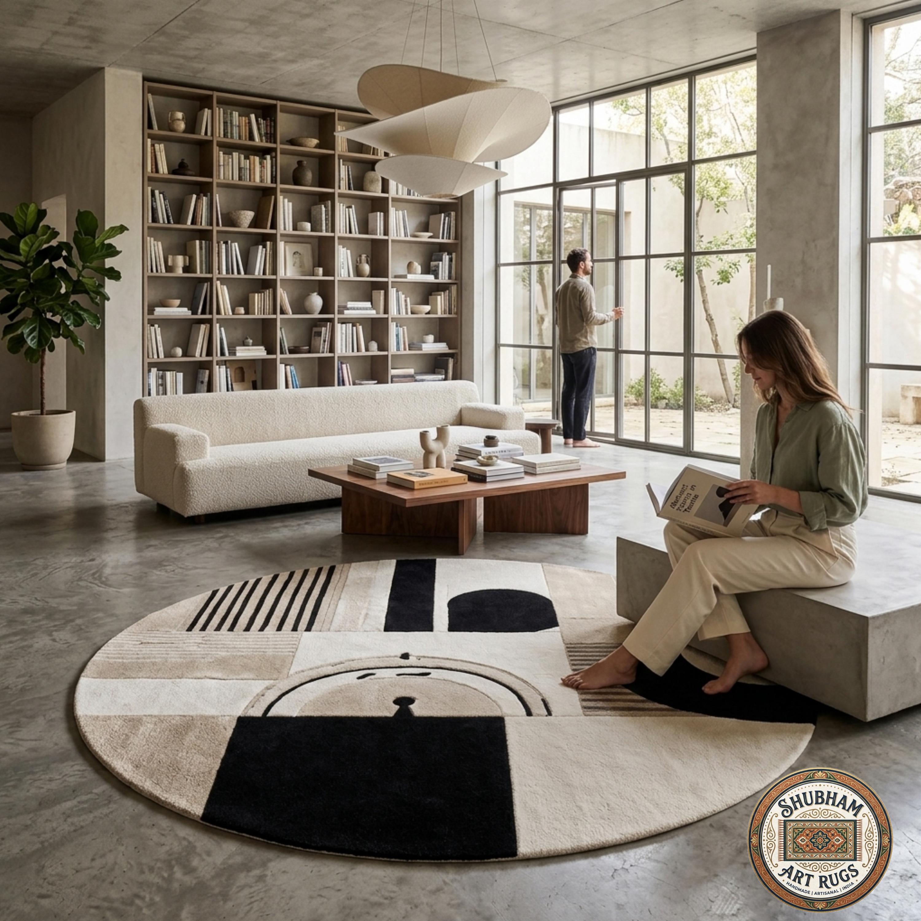Hand Tufted Wool Rug, Modern Abstract Beige Black Carpet, Custom Area Living Room