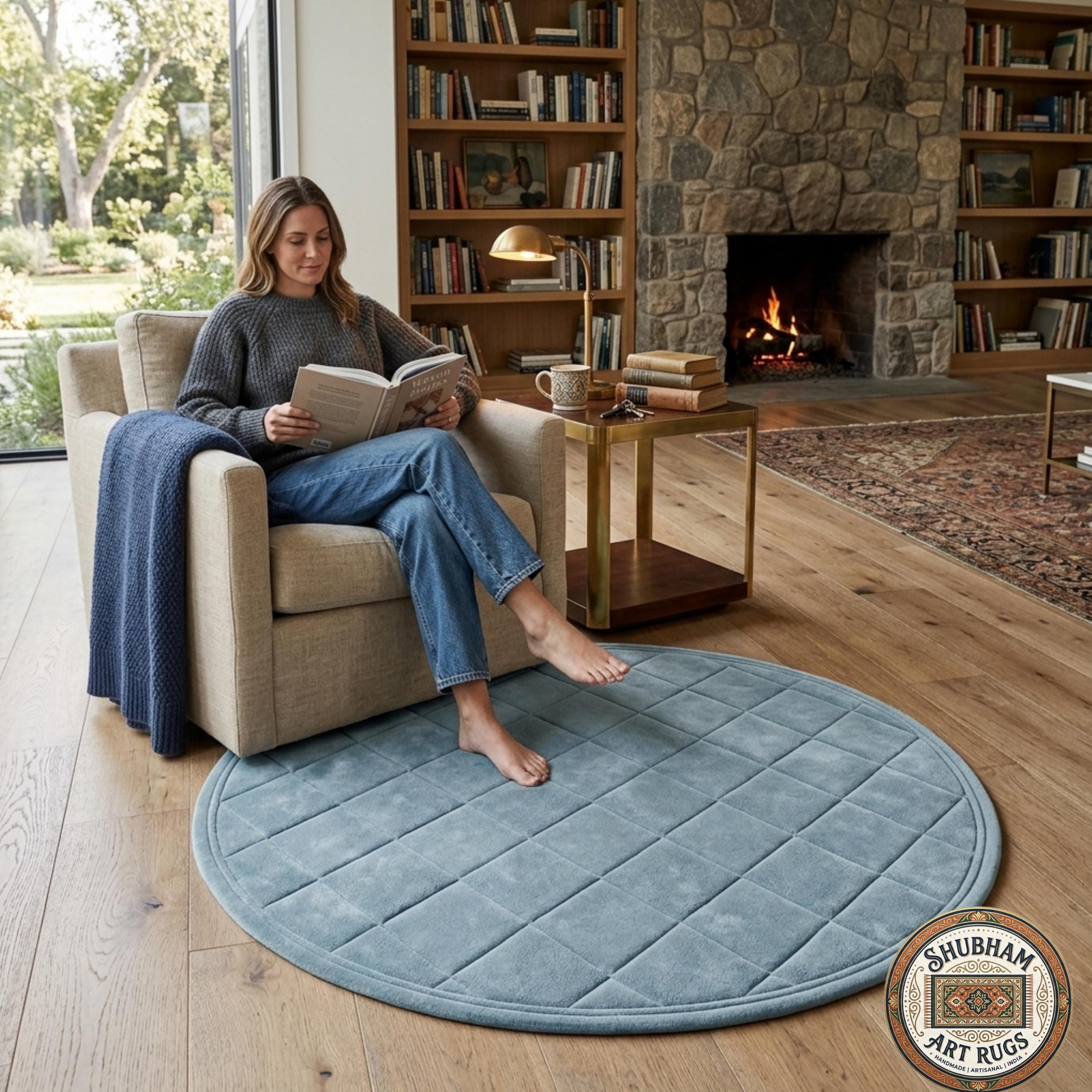 Alfombra de Lana Azul de Tufting Manual Geométrico – Tapete Moderno Minimalista para Sala de Estar