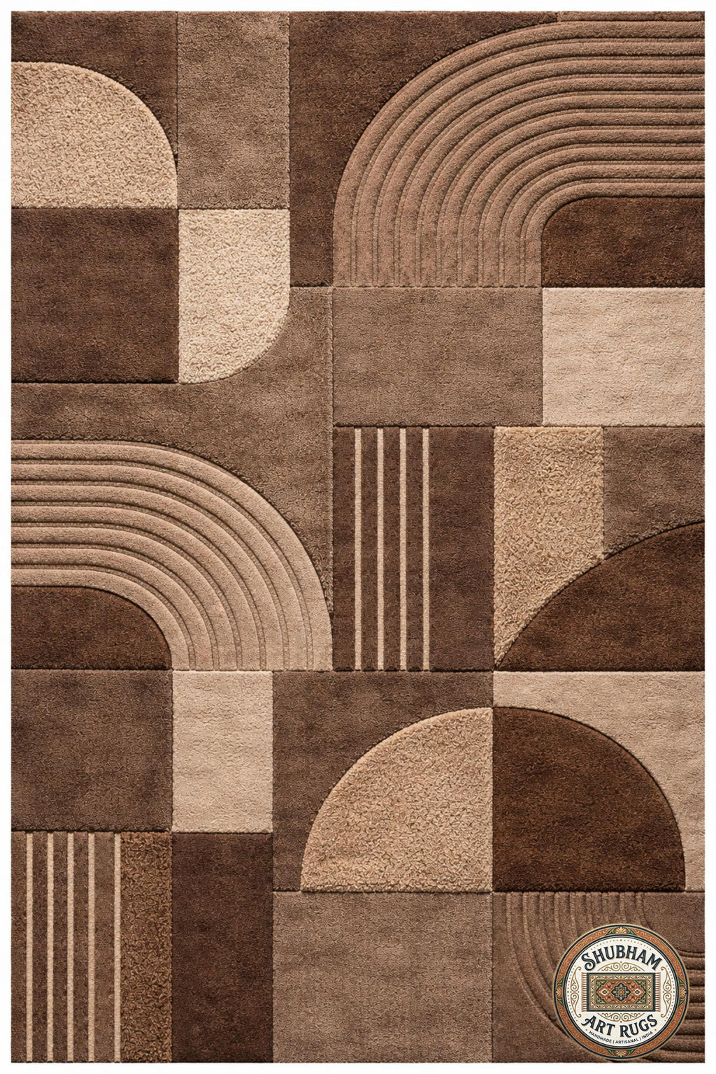 Hand Tufted Wool Rug, Geometric Abstract Brown Beige Carpet, Modern Living Room Area Rug