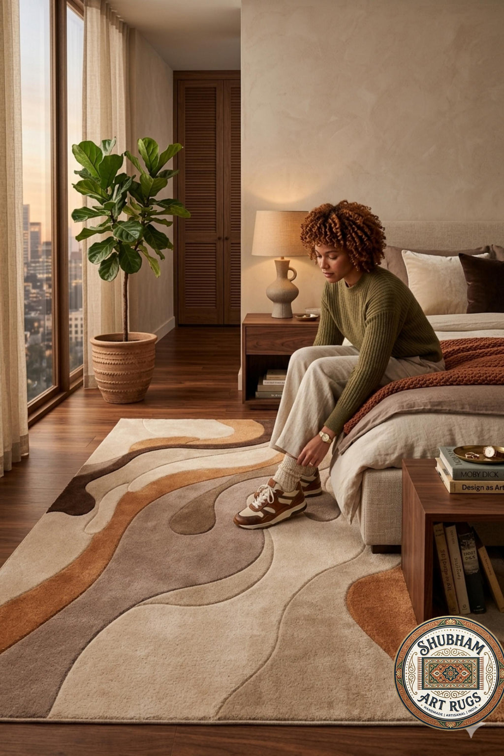 Abstract Wavy Wool Rug, Modern Neutral Beige Brown Carpet, Custom Area Rug