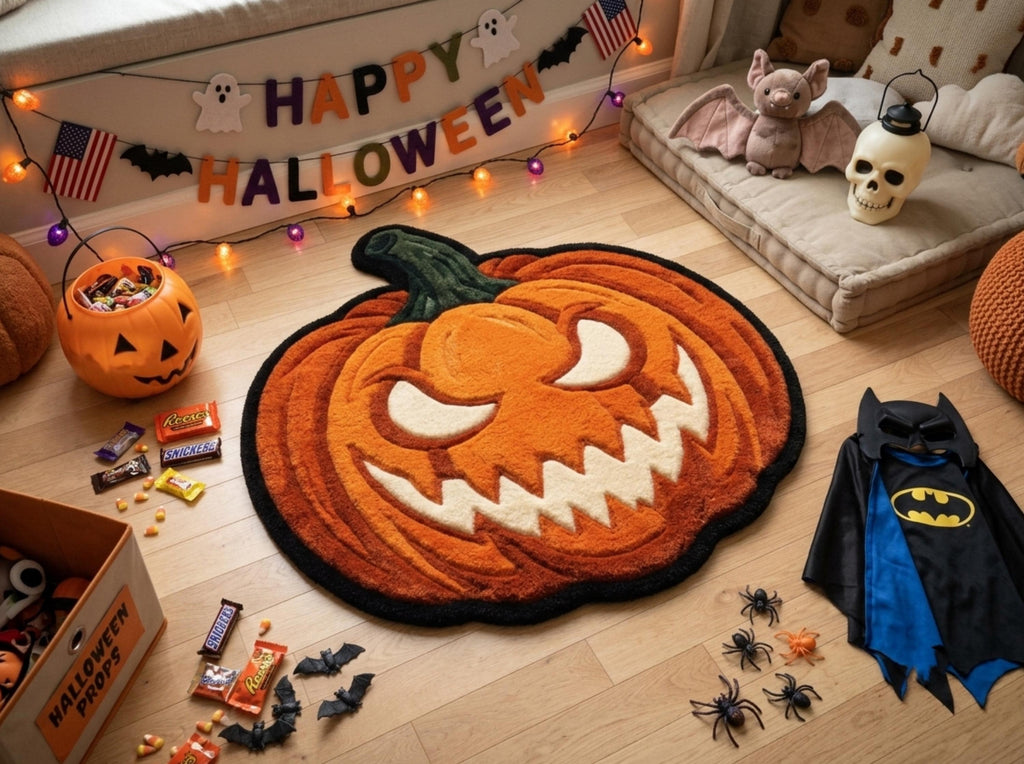 Halloween Pumpkin Rug, Hand Tufted New Zealand Wool, Jack O Lantern Area Rug, Spooky Fall Decor, Gothic Halloween Home Gift Decor!