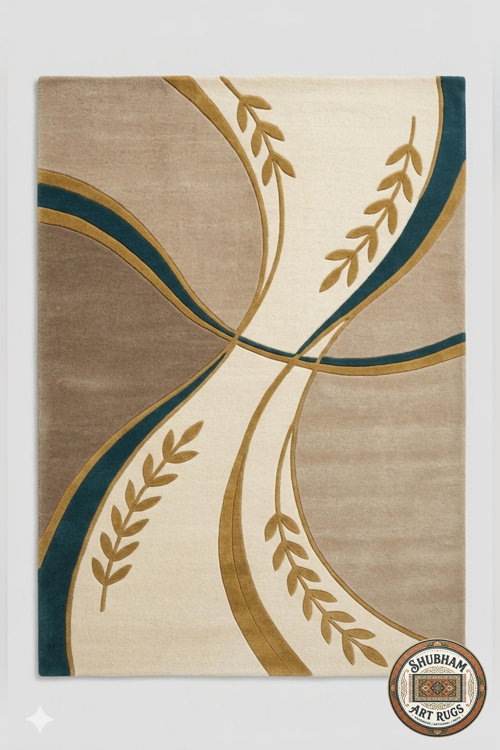 Alfombra de Lana Tufting Manual, Diseño Abstracto Moderno Beige Turquesa Oro, Alfombra para Sala de Estar Dormitorio