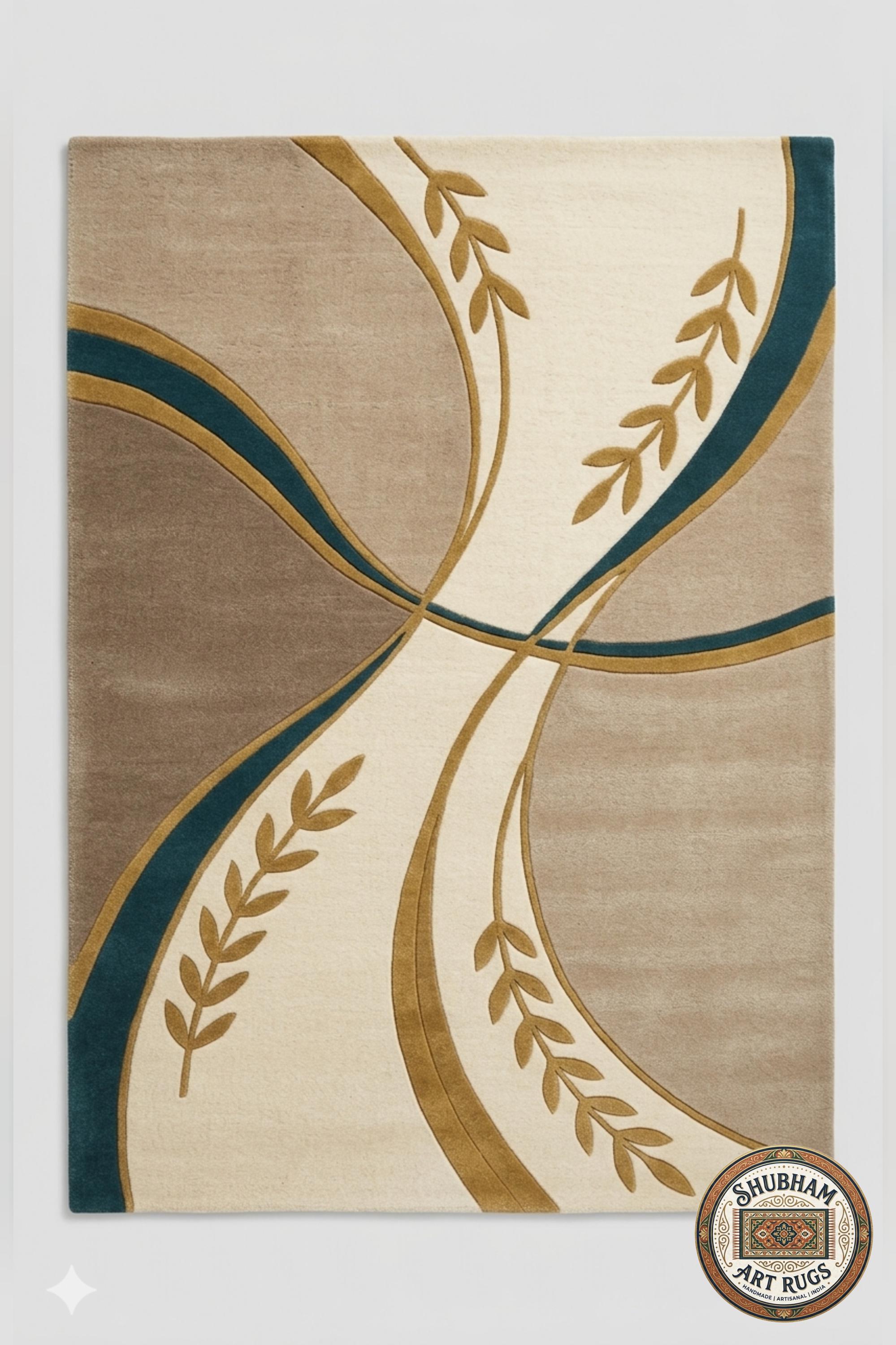 Alfombra de Lana Tufting Manual, Diseño Abstracto Moderno Beige Turquesa Oro, Alfombra para Sala de Estar Dormitorio