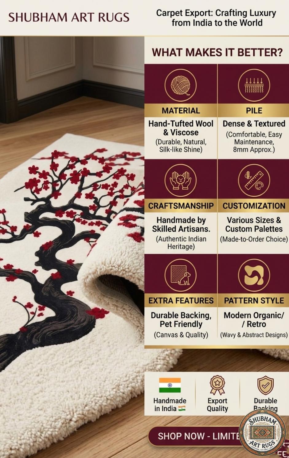 Hand Tufted Wool Rug: Japanese Cherry Blossom Tree Floral Carpet