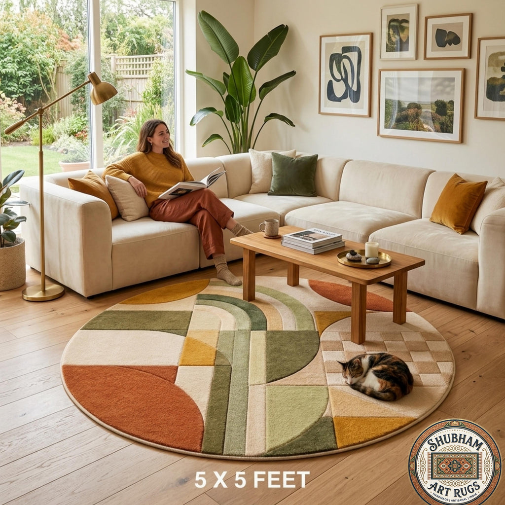 Hand Tufted Geometric Wool Rug, Abstract Boho Organic Carpet