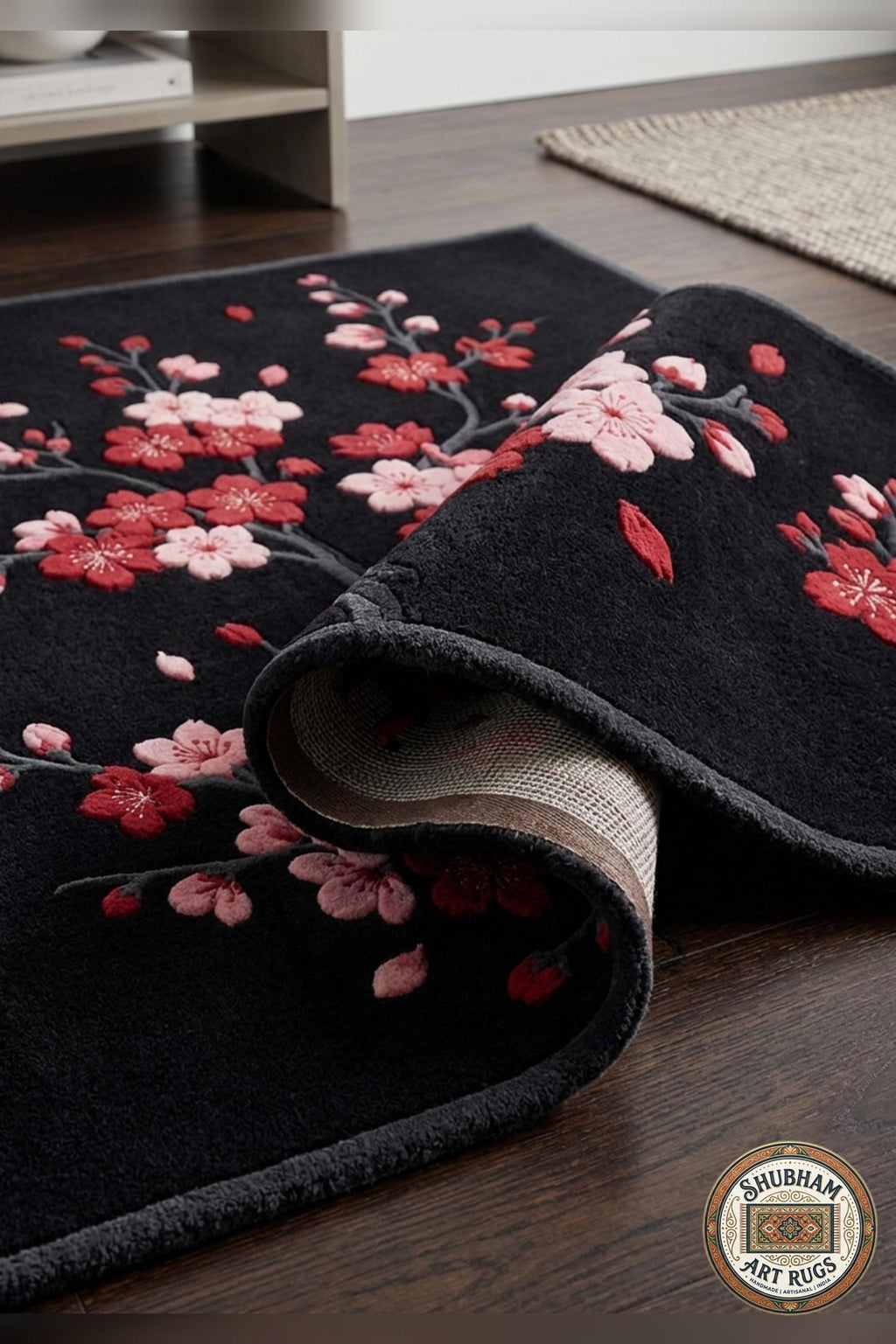 Hand Tufted Wool Cherry Blossom Rug, Japanese Floral Carpet, Black Pink Area Rug