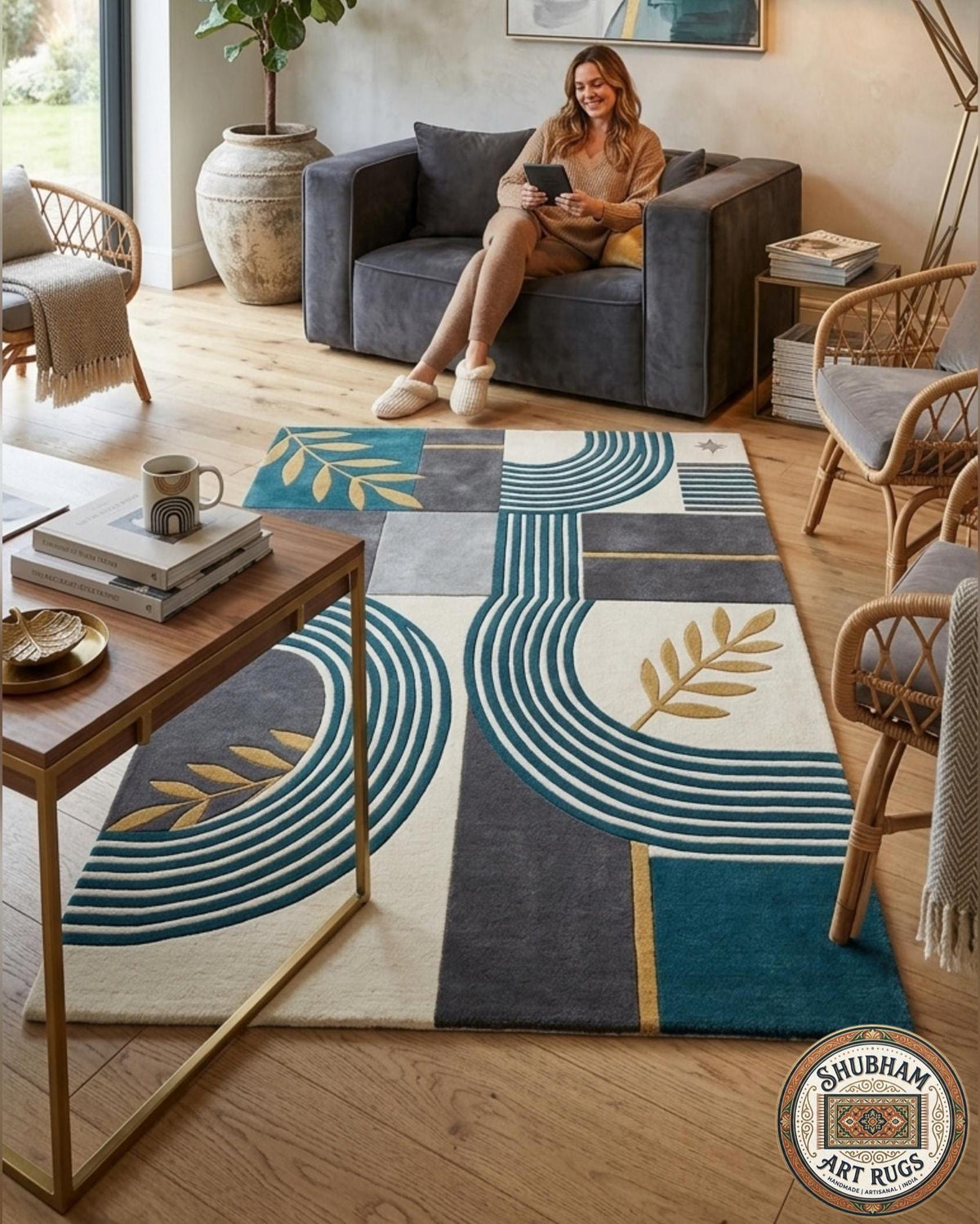 Hand Tufted Wool Rug, Modern Geometric Teal Cream Carpet, Living Room Bedroom Area Rug