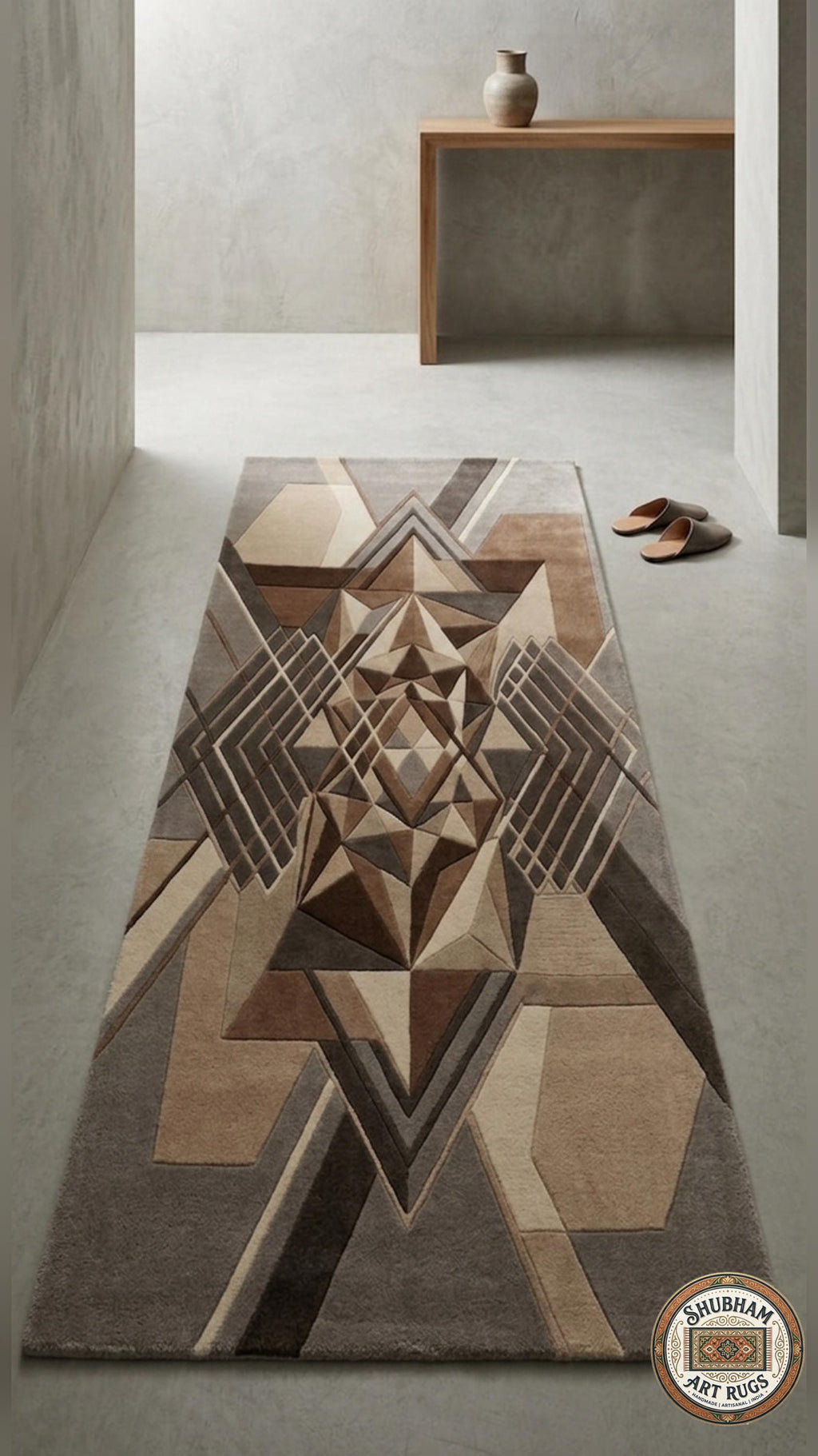 Hand Tufted Wool Rug: Modern Geometric Abstract Brown Beige Carpet