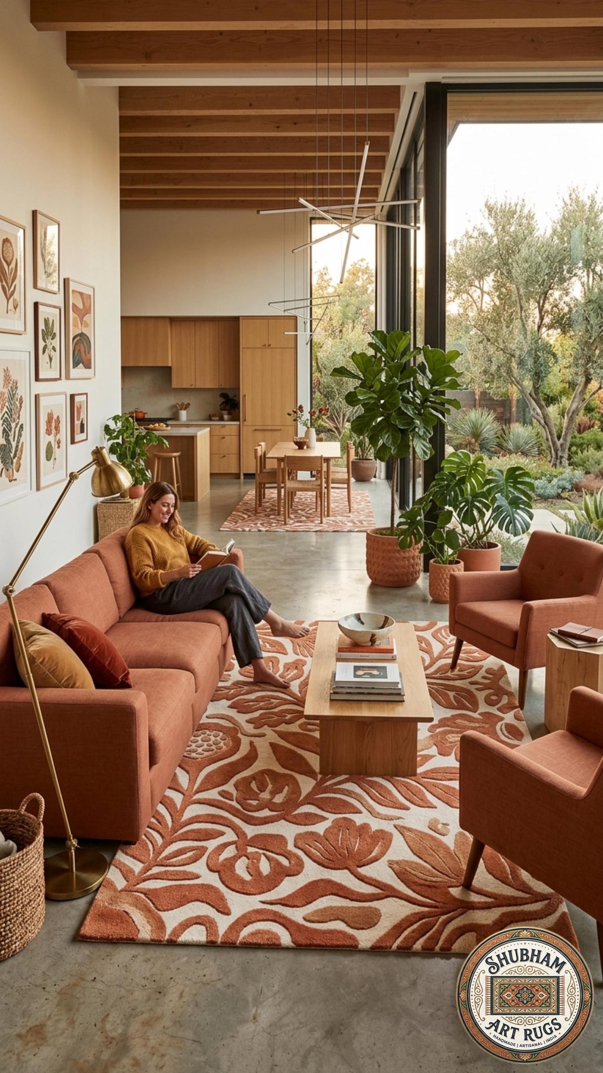 Hand Tufted Wool Rug, Abstract Botanical Terracotta, Modern Floral Area Carpet