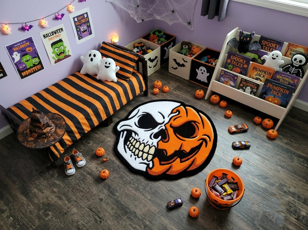 Hand Tufted Skull Pumpkin Halloween Wool Rug, Gothic Fall Decor Minimalist Living Room Carpet