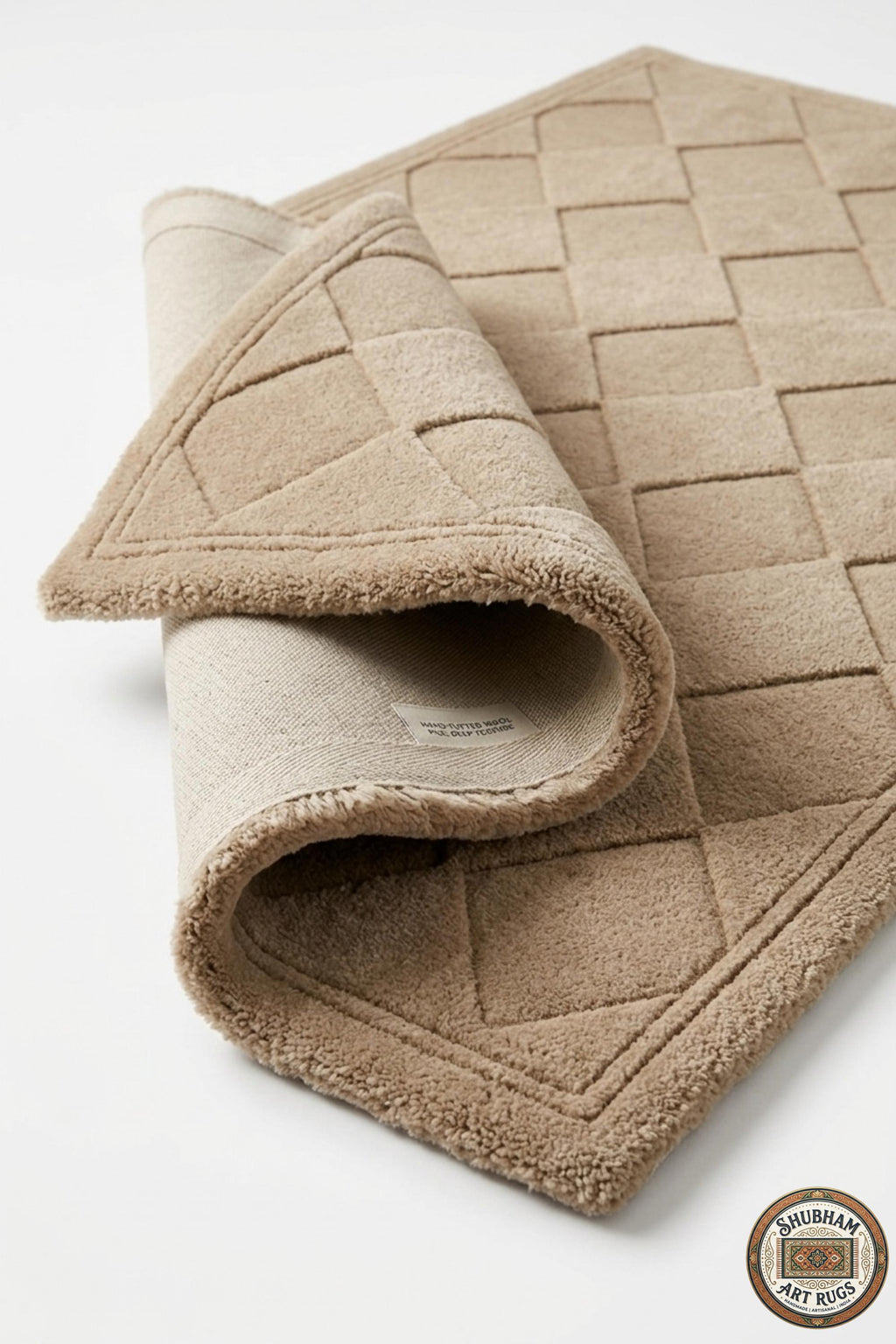 Hand Tufted Wool Rug, Beige Geometric Diamond, Modern Plush Carpet, Minimalist Home Decor