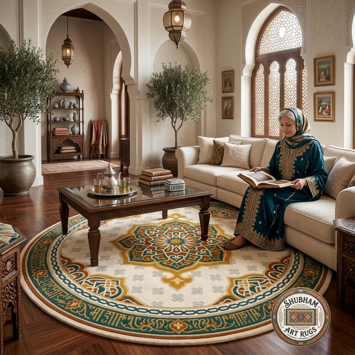 Hand Tufted Wool Rug, Islamic Moroccan Area Carpet, Cream Teal Gold Home Decor