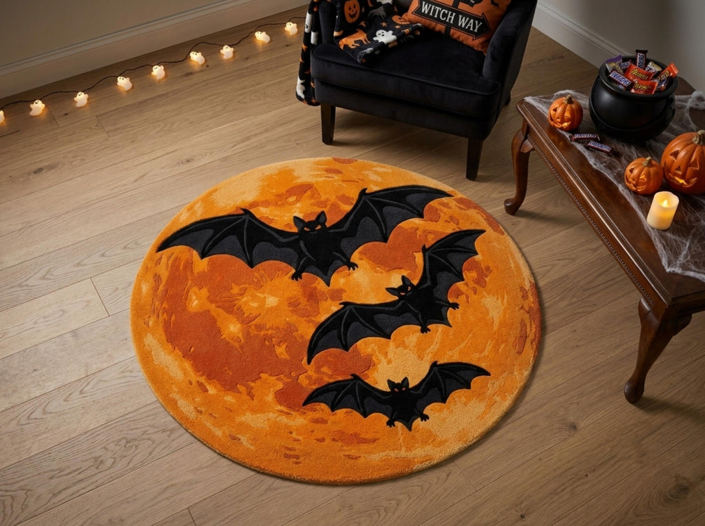 Halloween Bat Rug, Hand Tufted New Zealand Wool, Orange Moon Area Rug, Spooky Gothic Decor, Bat Lover Gift, Fall Home Accent Decor!