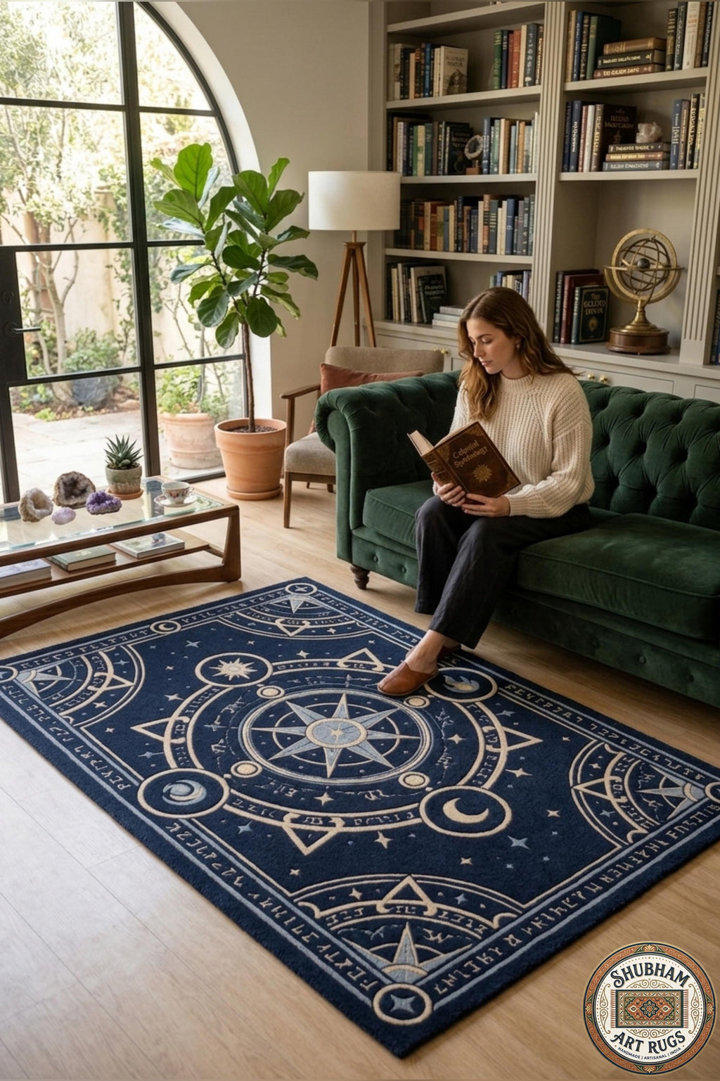 Hand Tufted Wool Celestial Rug, Magic Circle Round Carpet, Astrology Star Navy Blue