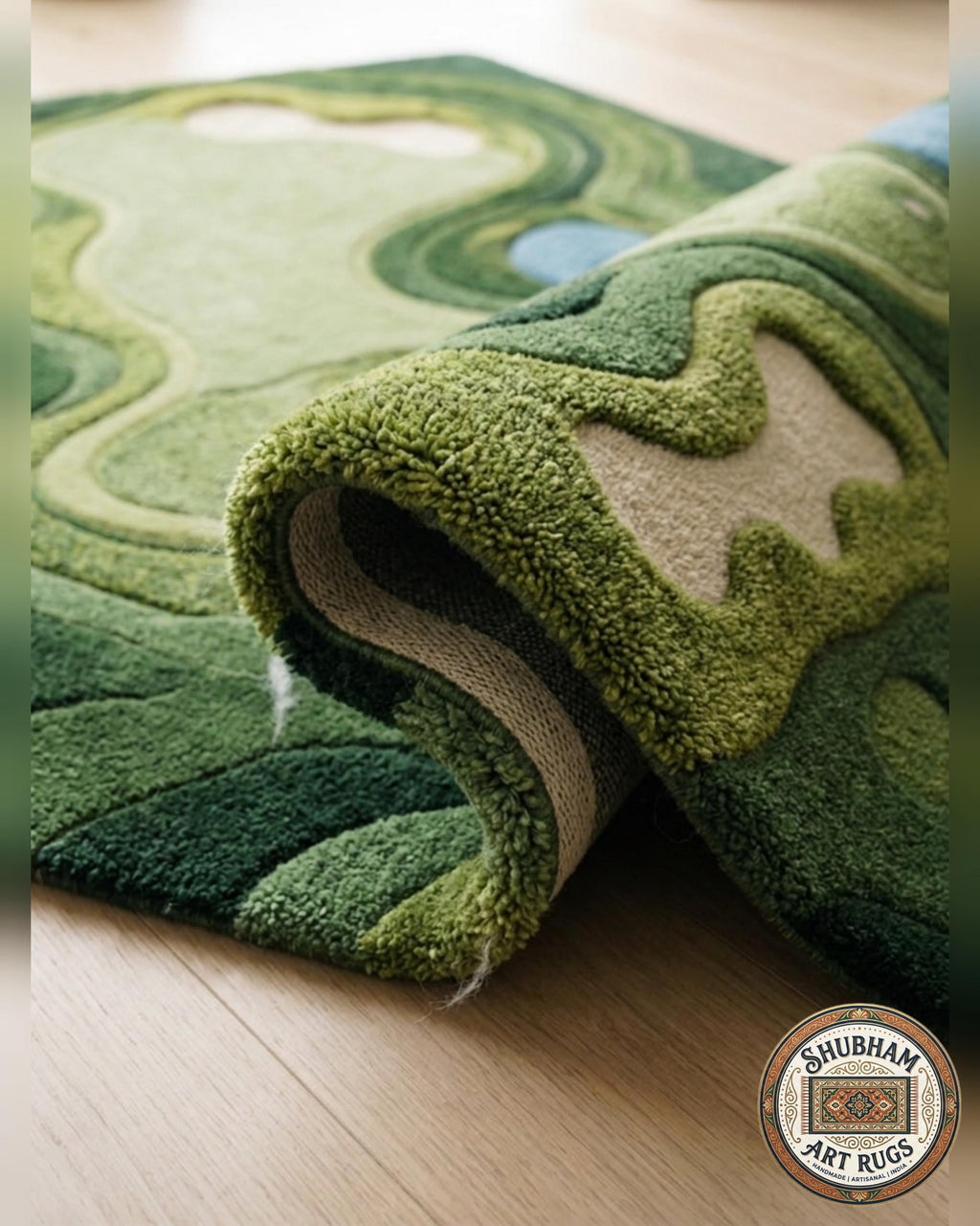 Hand Tufted Wool Golf Course Rug, Abstract Green Area Carpet, Modern Living Room Decor