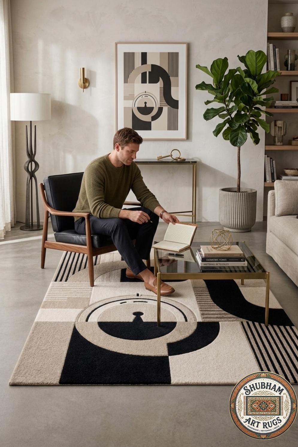 Hand Tufted Wool Abstract Round Rug, Black Beige Geometric Modern Carpet