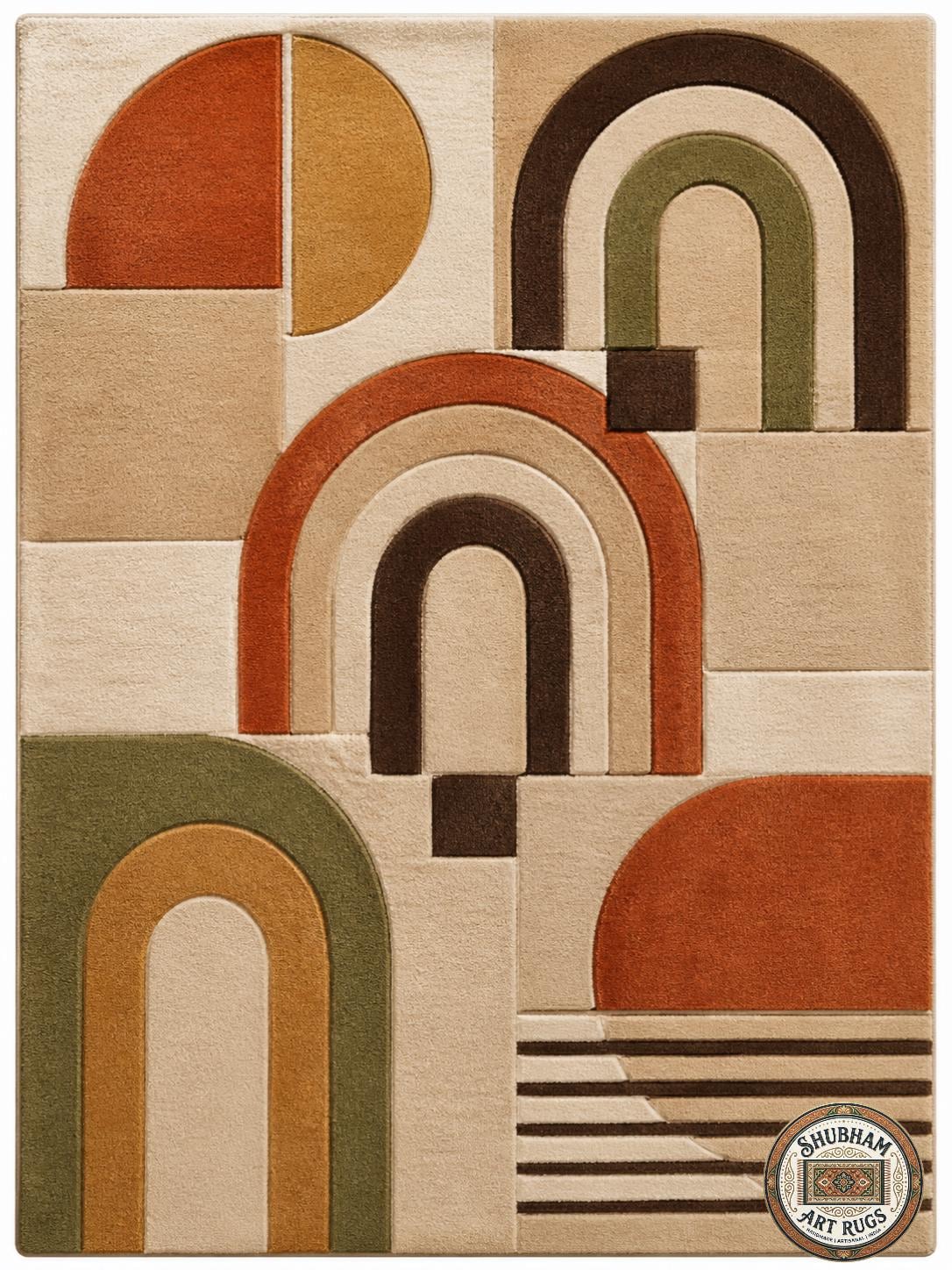 Hand Tufted Wool Rug, Retro Arch Geometric, Mid Century Modern Abstract Carpet