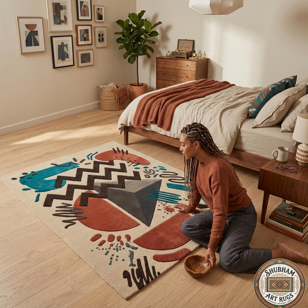 Hand Tufted Wool Rug, Abstract Geometric Mid Century Carpet, Living Room Area Rug