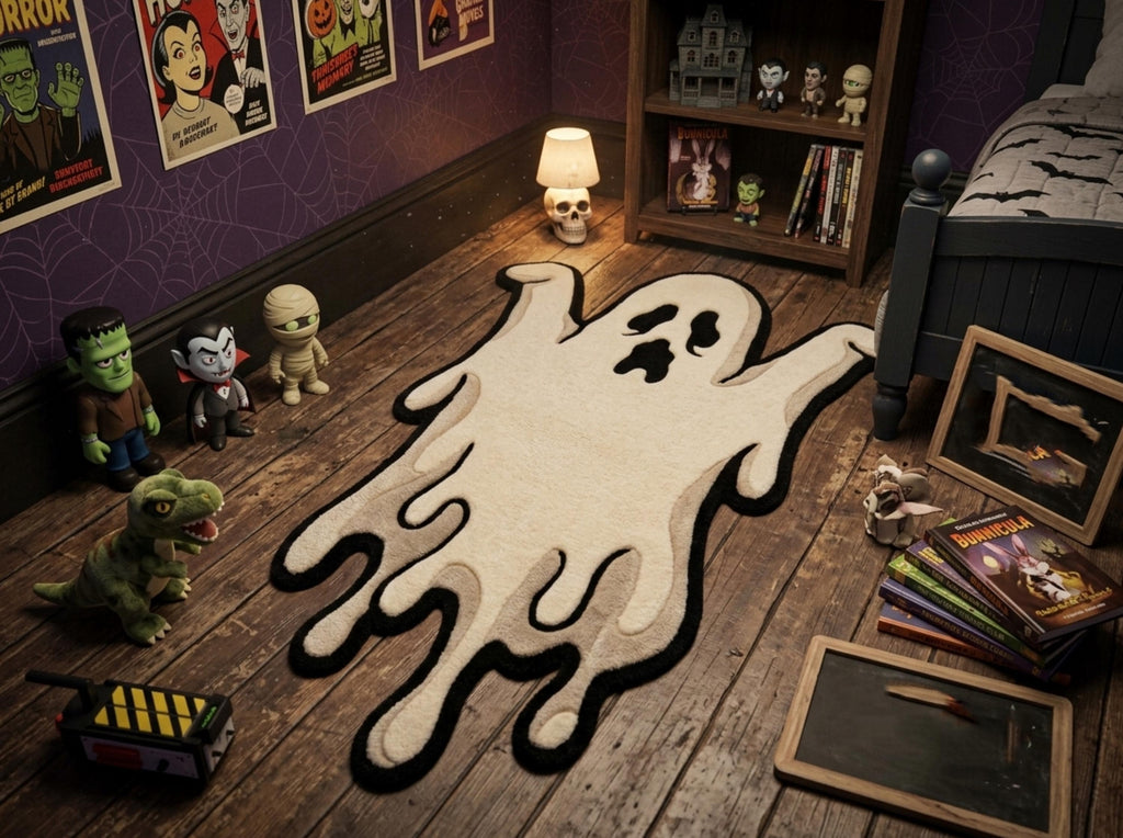 Hand Tufted New Zealand Wool Ghost Rug, Cream Black Halloween Area Rug