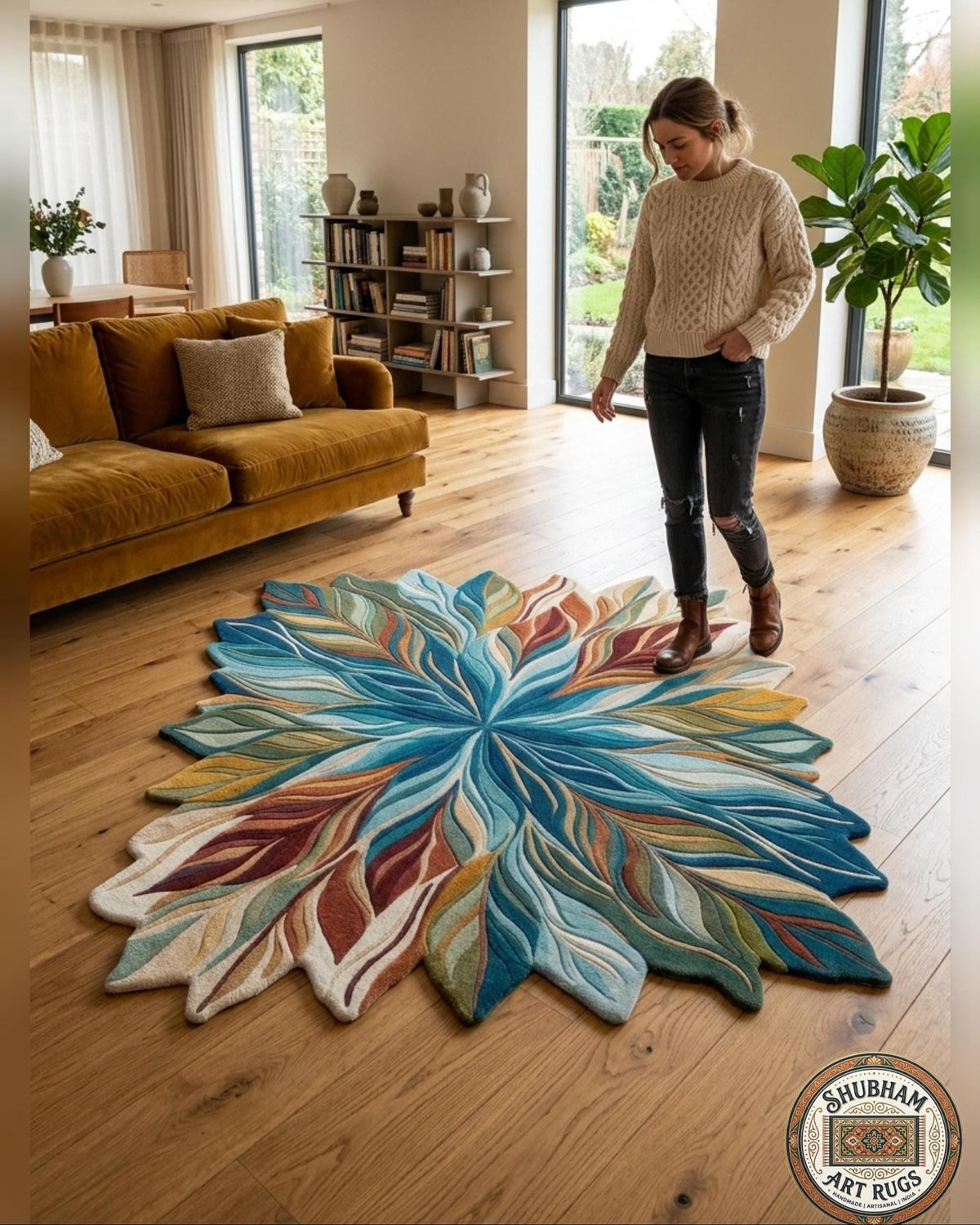 Hand Tufted Wool Leaf Rug, Organic Modern Area Carpet, Living Room Decor
