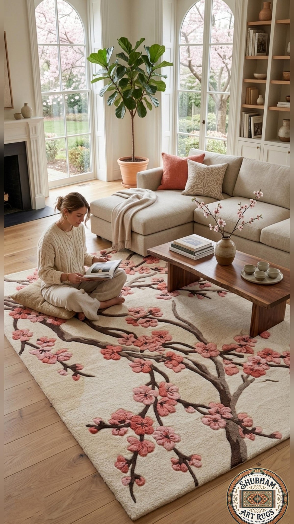 Hand Tufted Wool Rug, Cherry Blossom Floral, New Zealand wool, Japanese Style Carpet