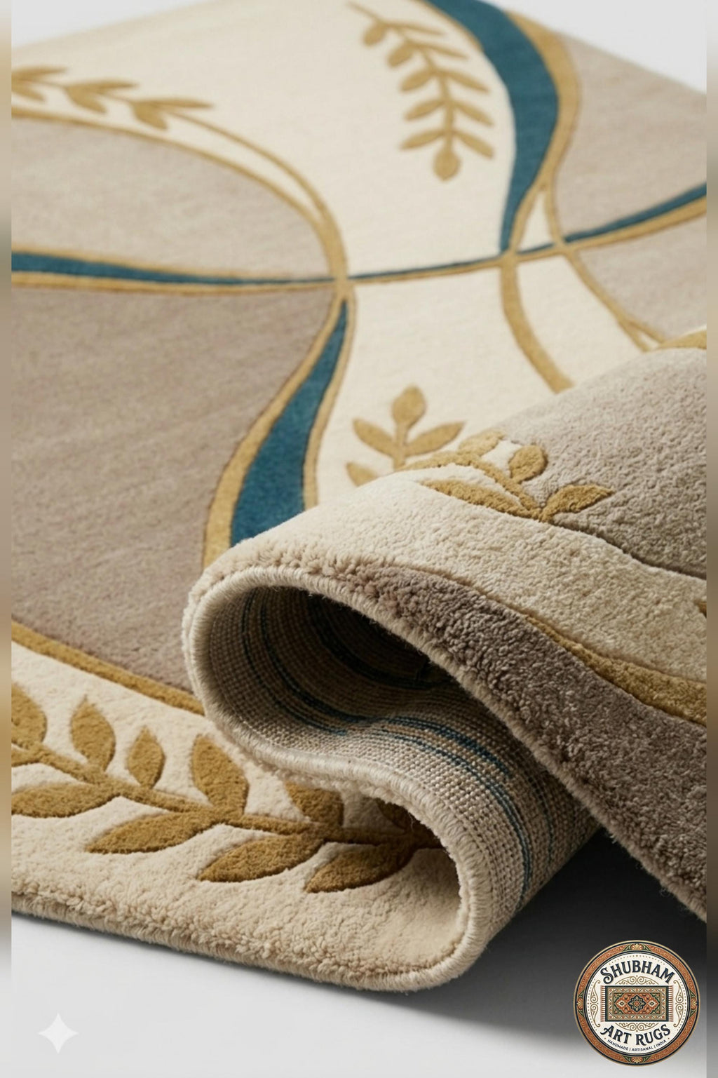 Alfombra de Lana Tufting Manual, Diseño Abstracto Moderno Beige Turquesa Oro, Alfombra para Sala de Estar Dormitorio