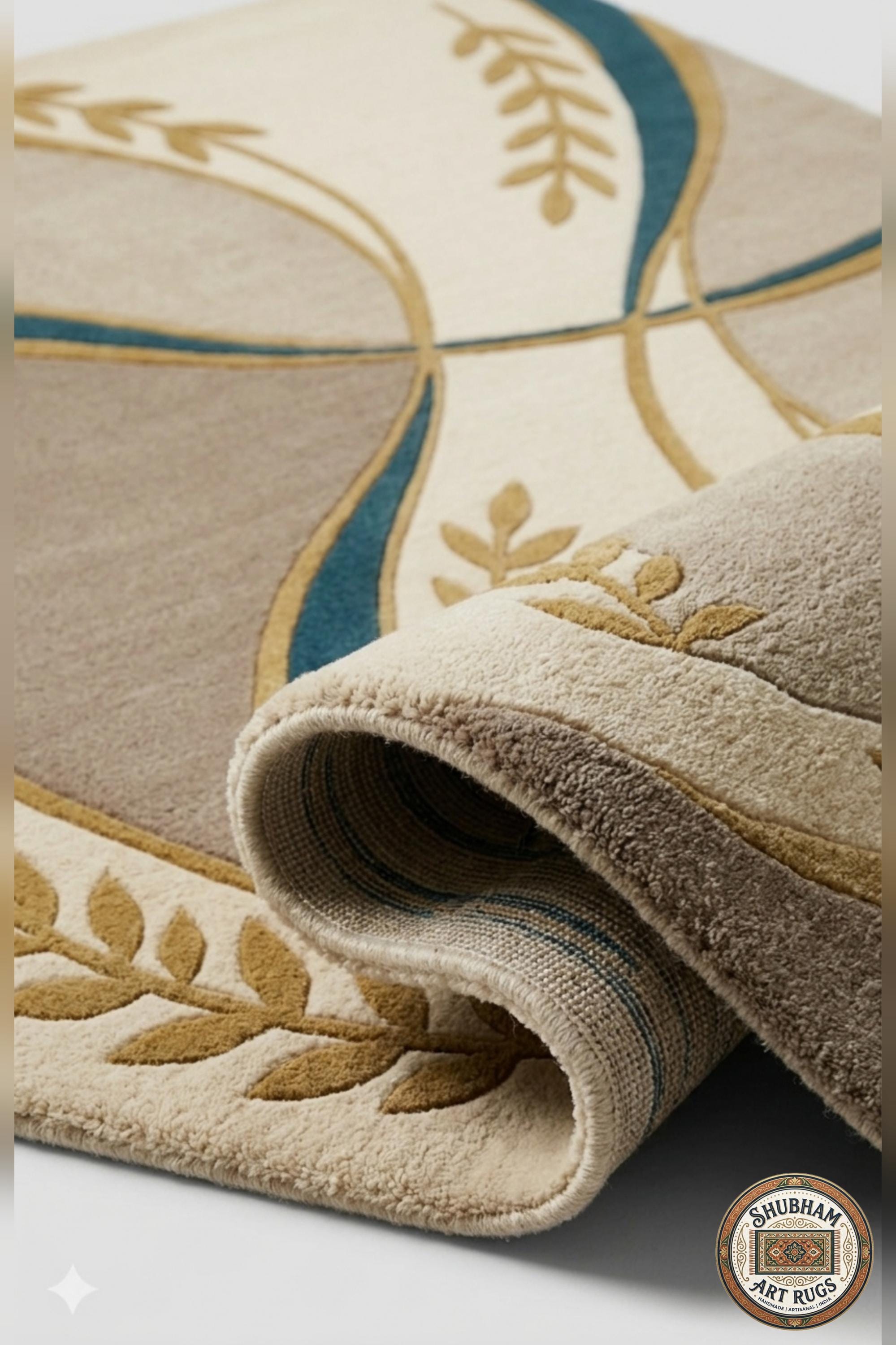 Alfombra de Lana Tufting Manual, Diseño Abstracto Moderno Beige Turquesa Oro, Alfombra para Sala de Estar Dormitorio