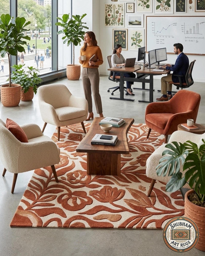 Hand Tufted Wool Rug, Abstract Botanical Terracotta, Modern Floral Area Carpet