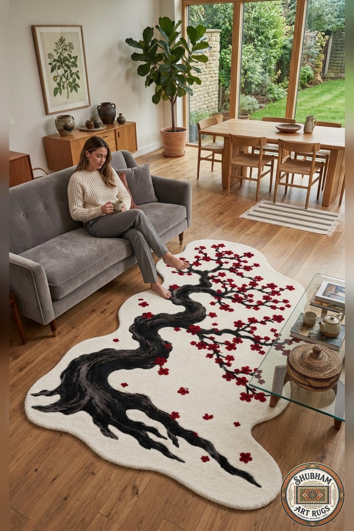 Hand Tufted Wool Rug, Cherry Blossom Tree, Organic Shape, Japanese Floral Carpet