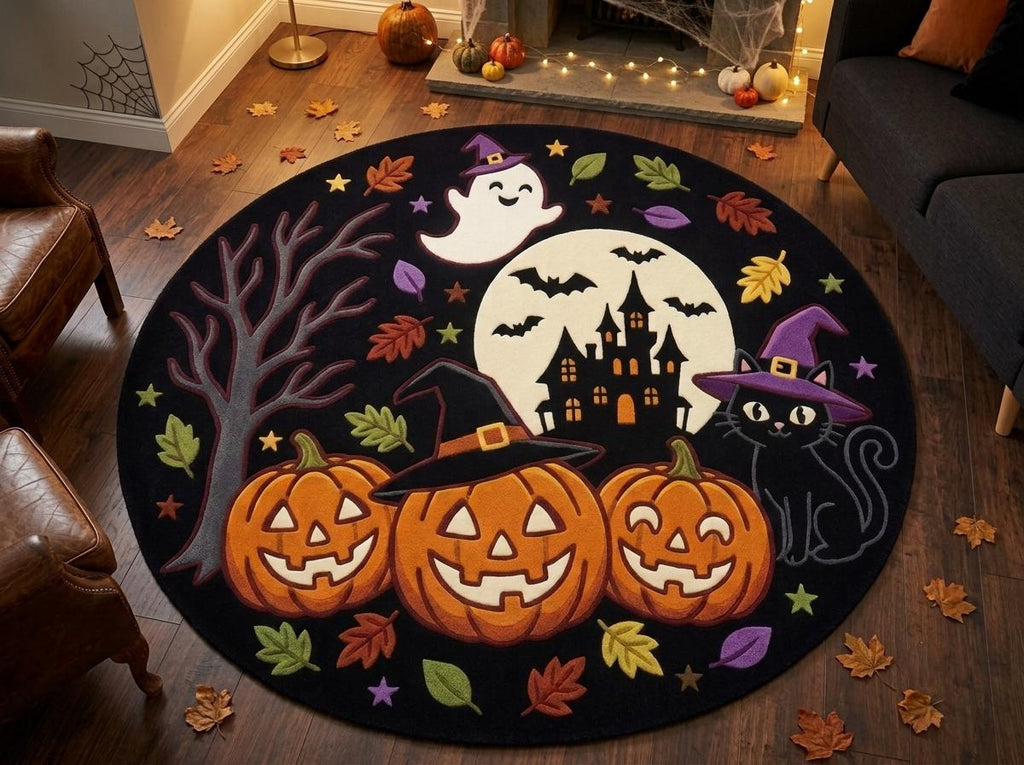 Halloween Pumpkin Ghost Rug, Hand Tufted New Zealand Wool Area Rug, Witchy Haunted House Decor, Spooky Fall Home Accent for Seasonal Style
