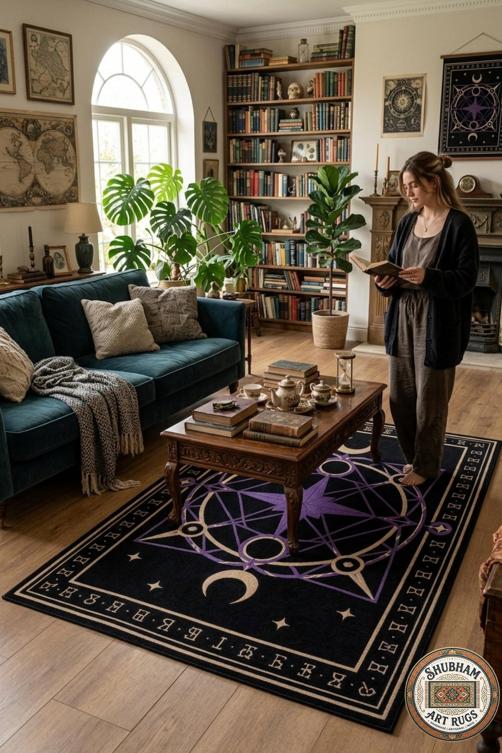 Hand Tufted Wool Celestial Magic Circle Rug, Purple Astrology Star Carpet, Witchy Decor