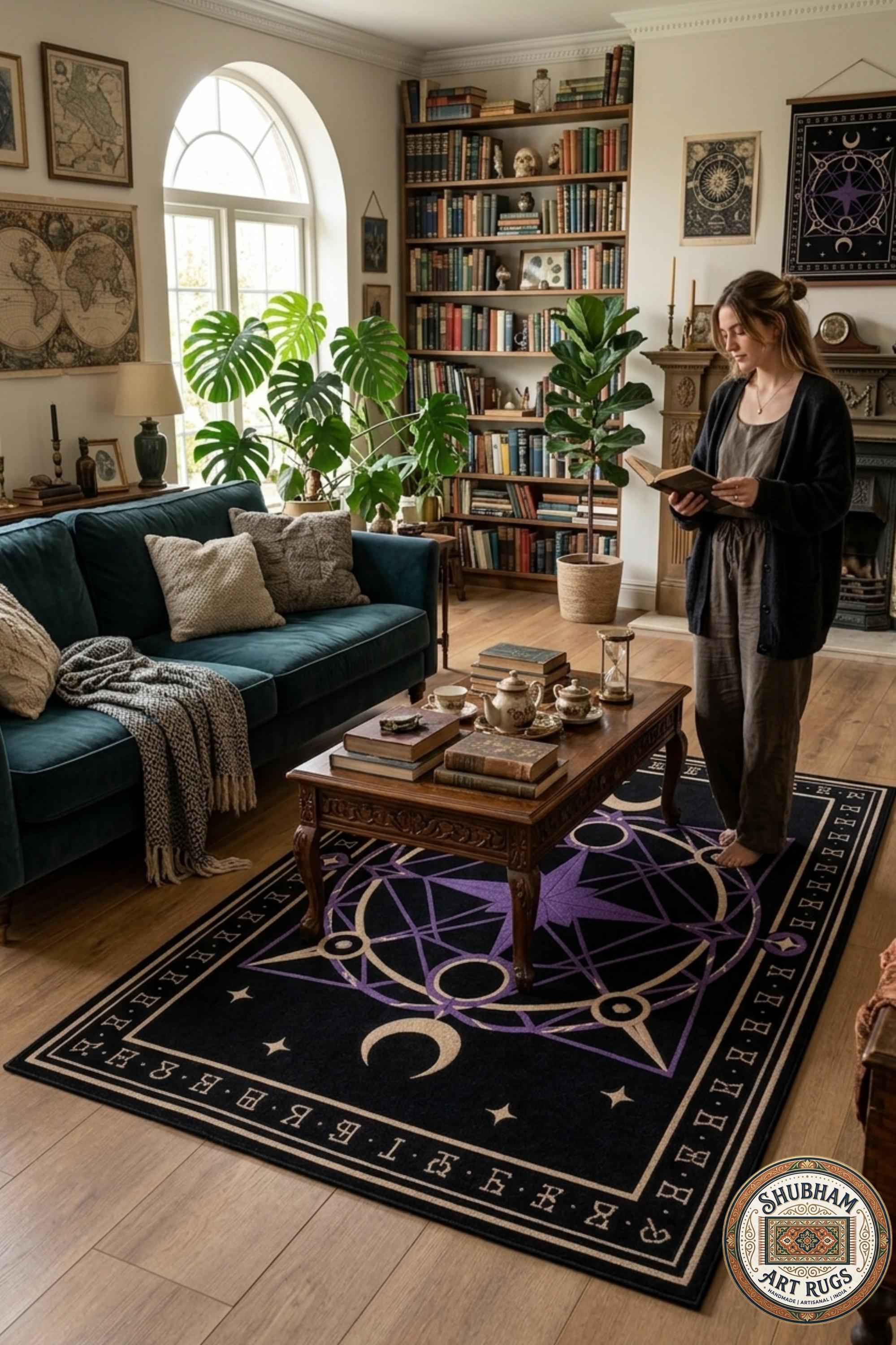Hand Tufted Wool Celestial Magic Circle Rug, Purple Astrology Star Carpet, Witchy Decor