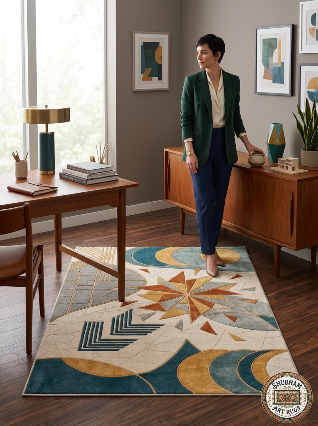 Hand Tufted Wool Rug, Abstract Celestial Geometric Carpet, Boho Living Room Area Rug