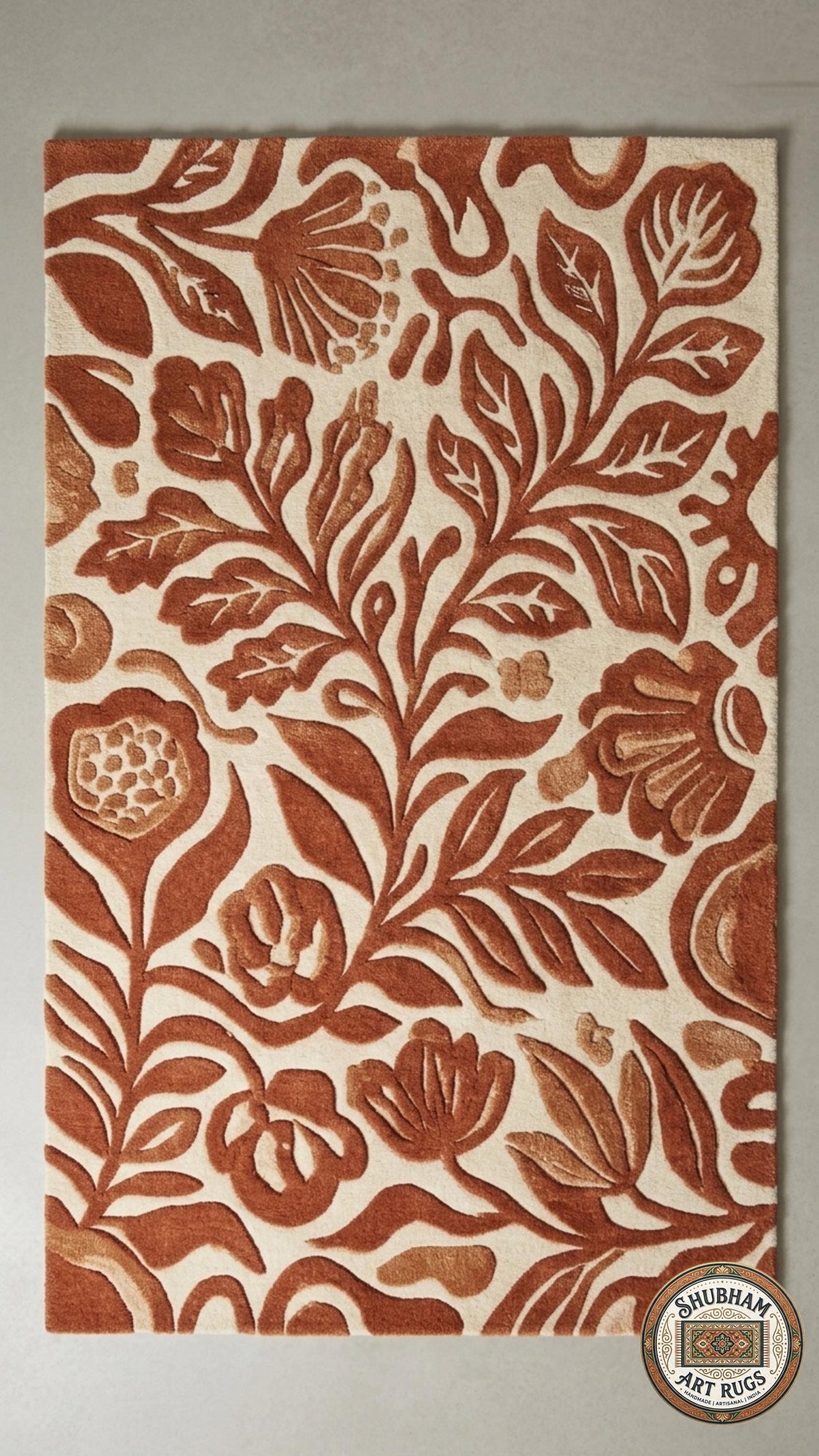 Hand Tufted Wool Rug, Abstract Botanical Terracotta, Modern Floral Area Carpet