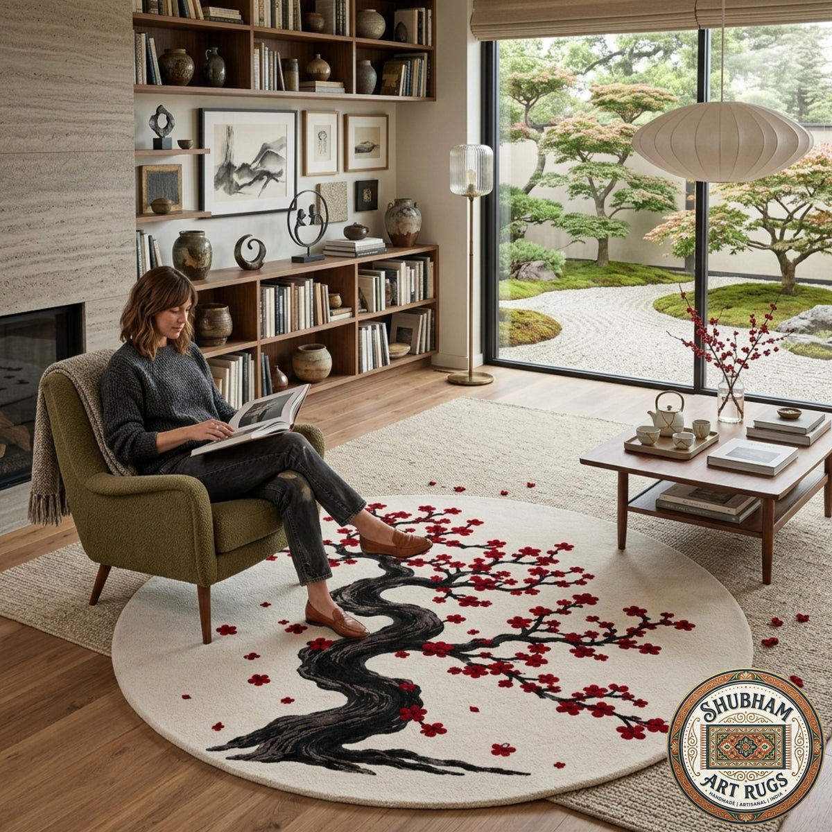 Hand Tufted Wool Rug, Cherry Blossom Tree, Organic Shape, Japanese Floral Carpet