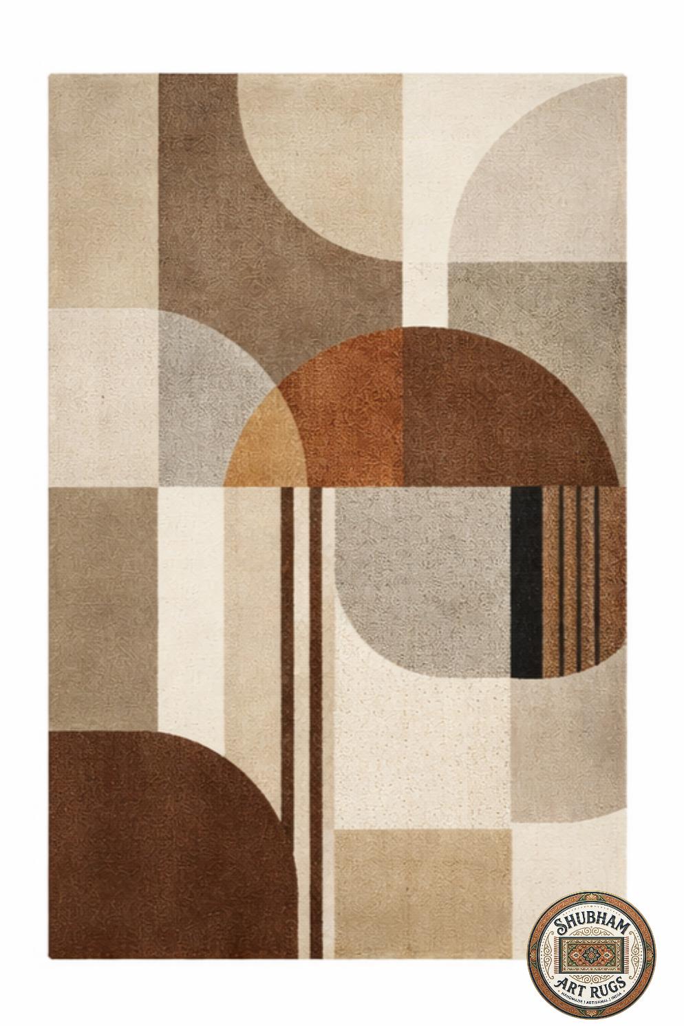 Hand Tufted Wool Rug, Neutral Geometric Abstract Carpet, Beige Brown Minimalist Indian Rug