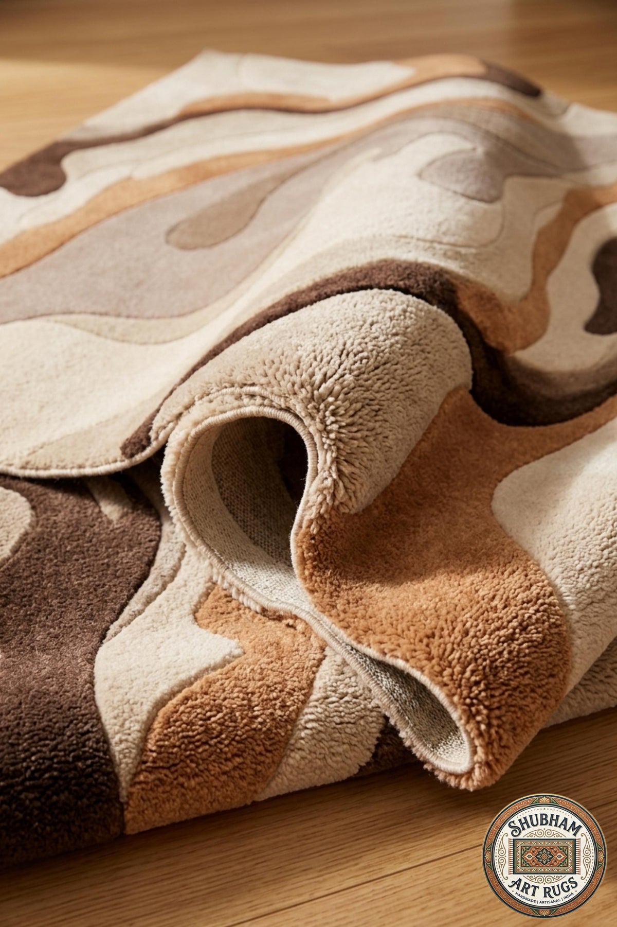 Abstract Wavy Wool Rug, Modern Neutral Beige Brown Carpet, Custom Area Rug