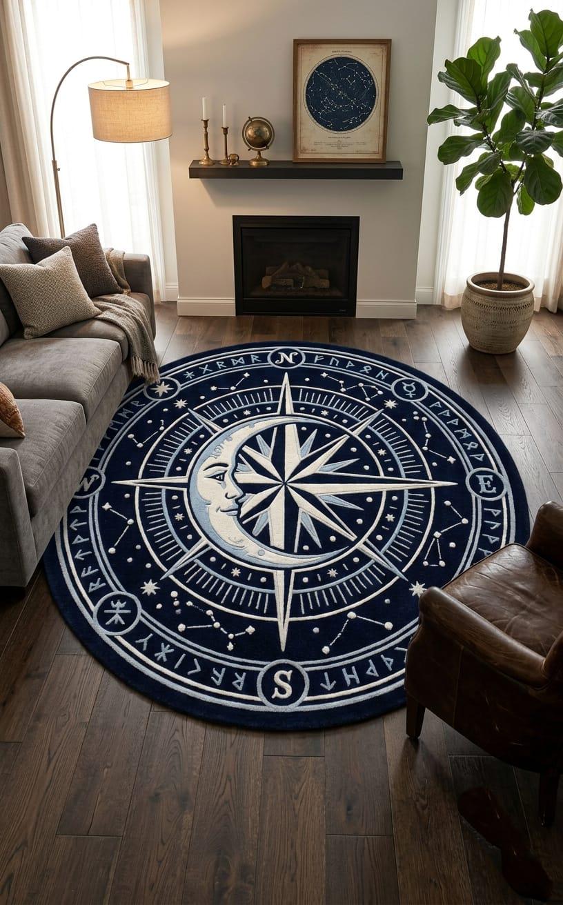 Hand Tufted New Zealand Wool Celestial Compass Rug, Moon Stars Astrology Living Room Decor Rug