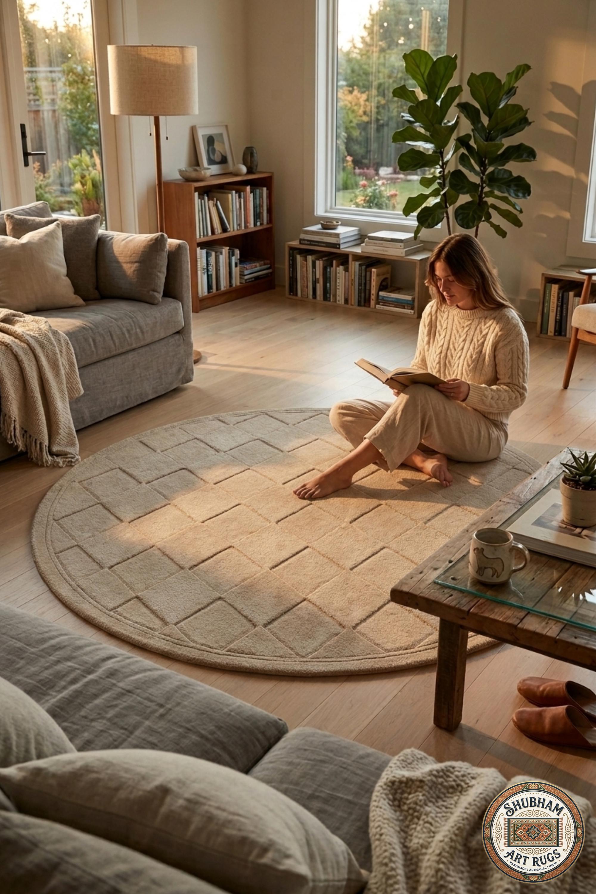 Hand Tufted Wool Rug, Beige Geometric Diamond, Modern Plush Carpet, Minimalist Home Decor