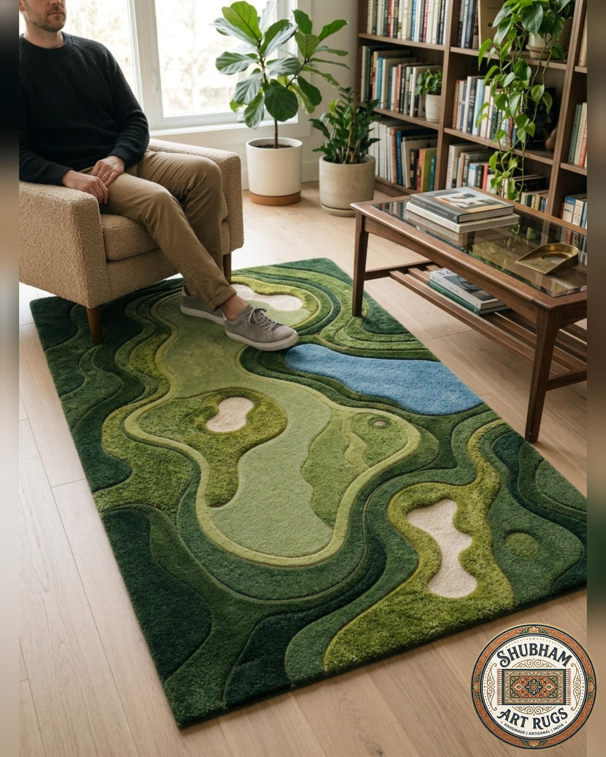 Hand Tufted Wool Golf Course Rug, Abstract Green Area Carpet, Modern Living Room Decor
