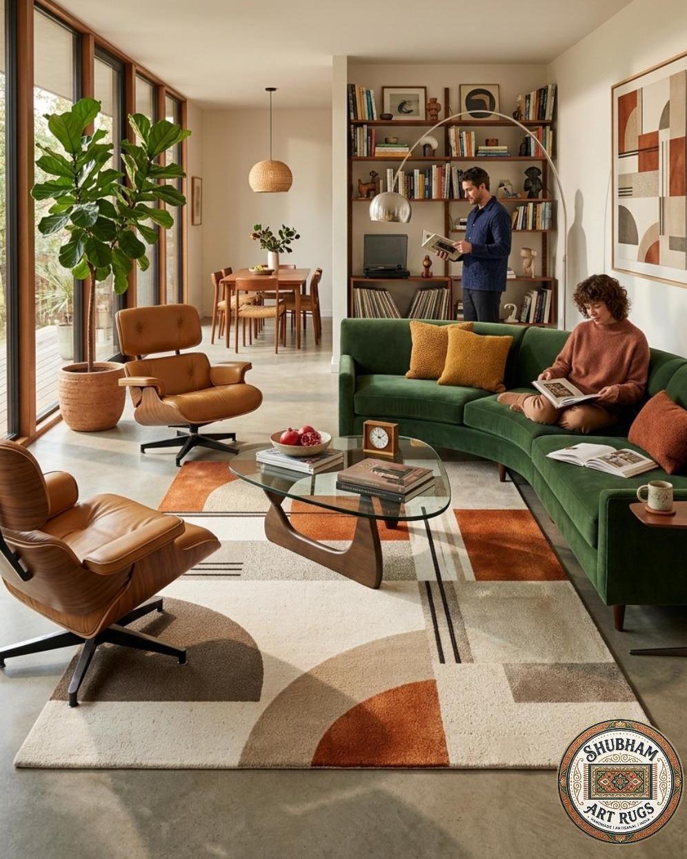 Hand Tufted Wool Rug, Geometric Mid Century Abstract Carpet, Neutral Living Room Area Rug