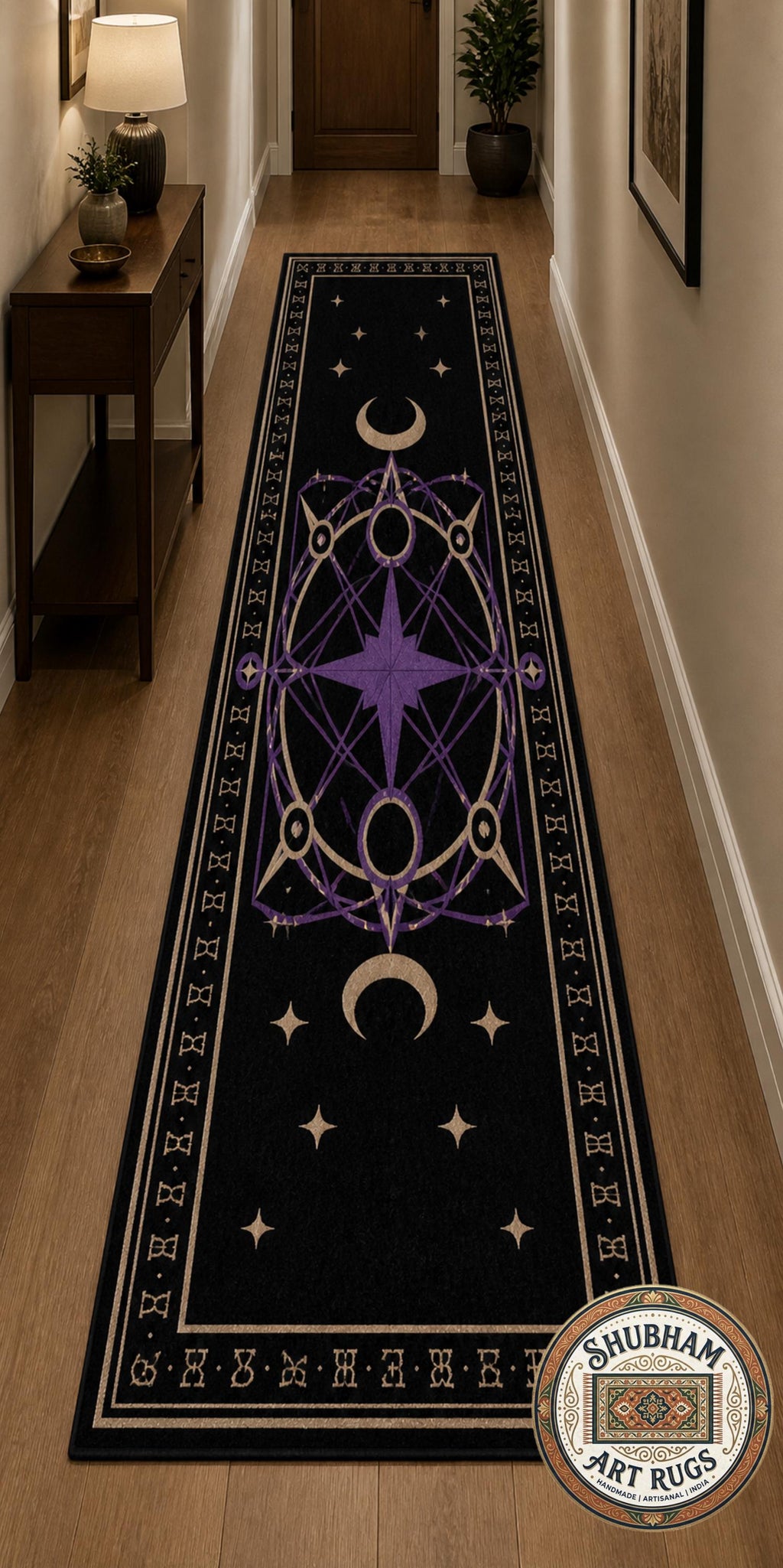 Hand Tufted Wool Celestial Magic Circle Rug, Purple Astrology Star Carpet, Witchy Decor