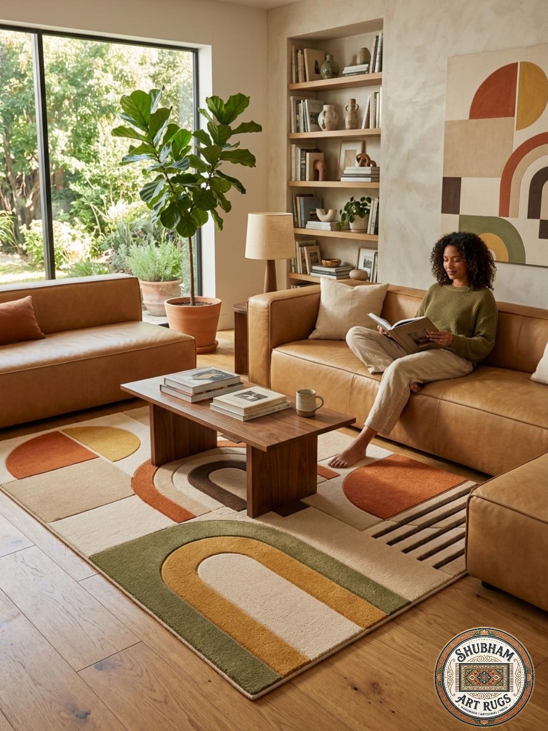 Hand Tufted Wool Rug, Retro Arch Geometric, Mid Century Modern Abstract Carpet