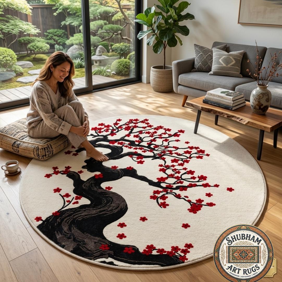 Hand Tufted Wool Rug: Japanese Cherry Blossom Tree Floral Carpet