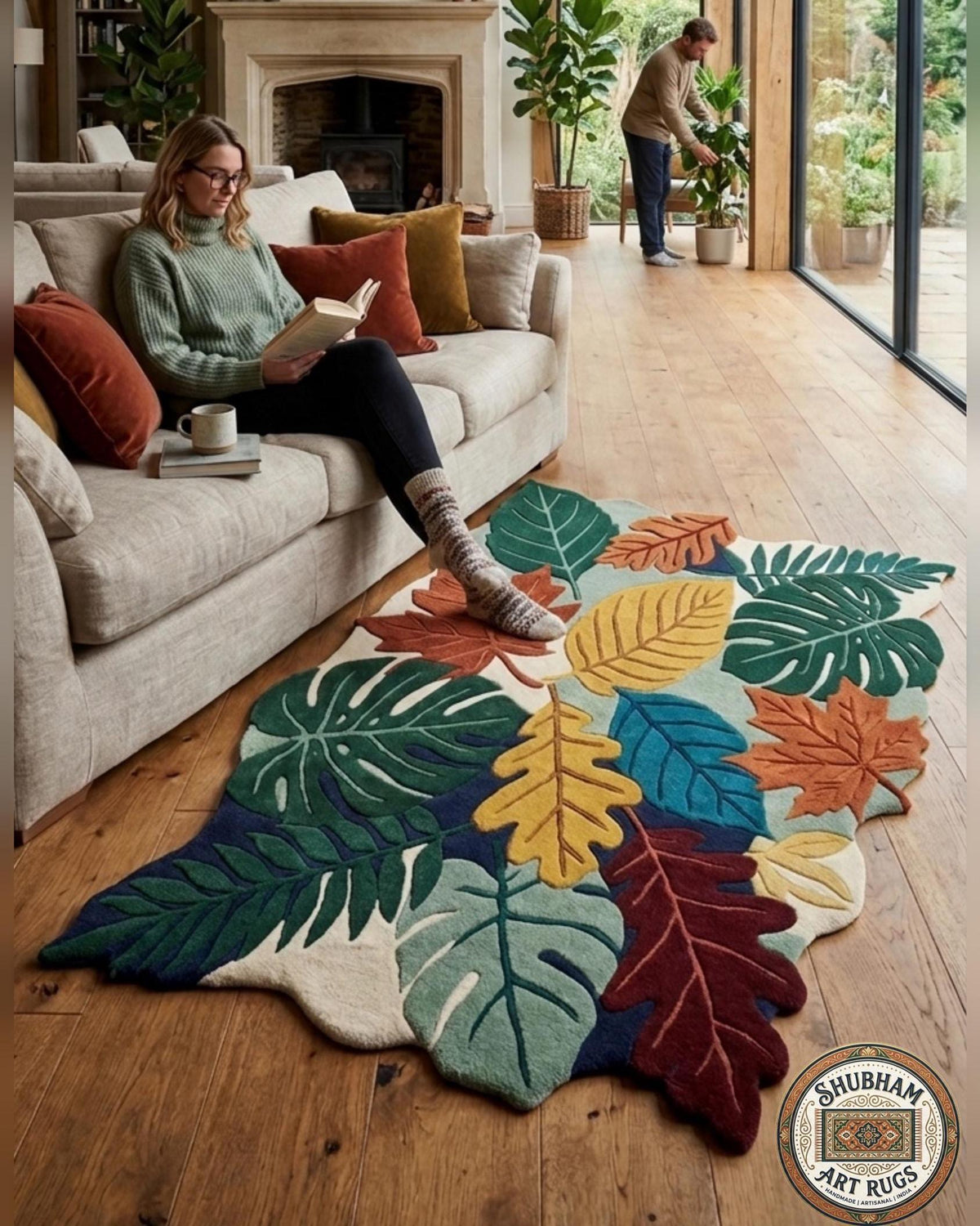 Hand Tufted Leaf Rug, Wool Botanical Carpet, Nature Area Rug, Custom Size