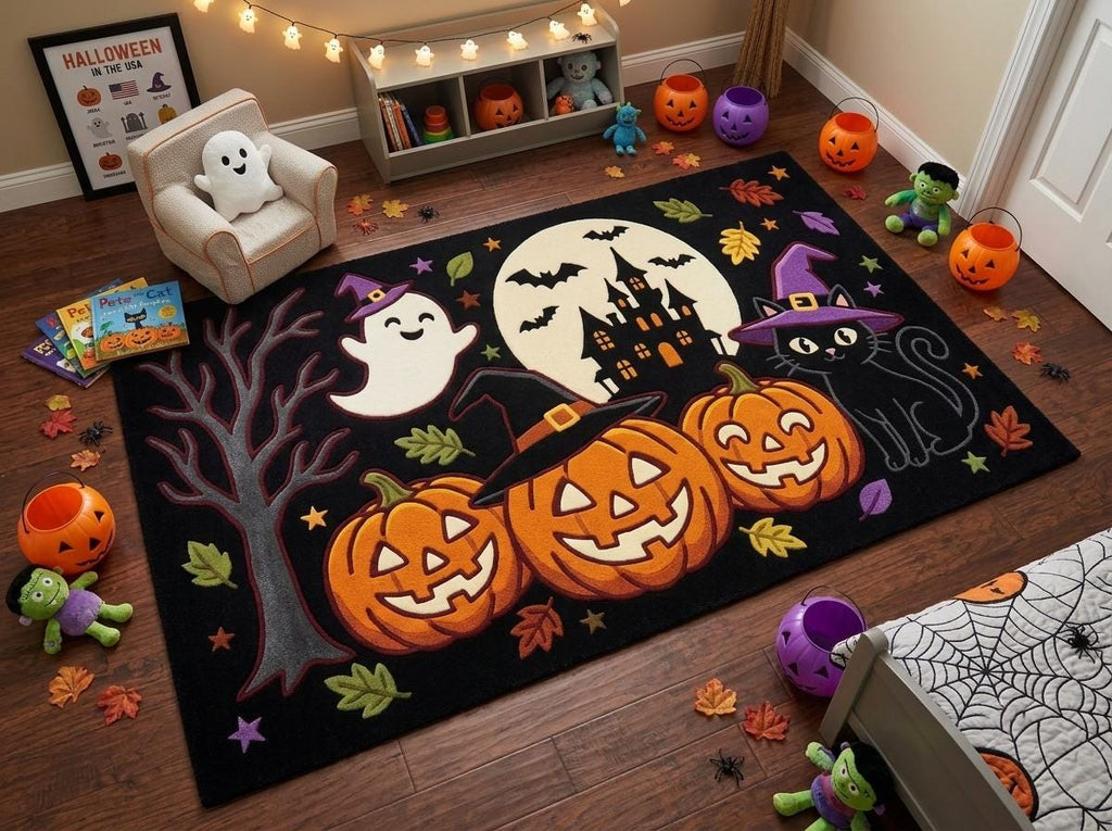Halloween Pumpkin Ghost Rug, Hand Tufted New Zealand Wool Area Rug, Witchy Haunted House Decor, Spooky Fall Home Accent for Seasonal Style