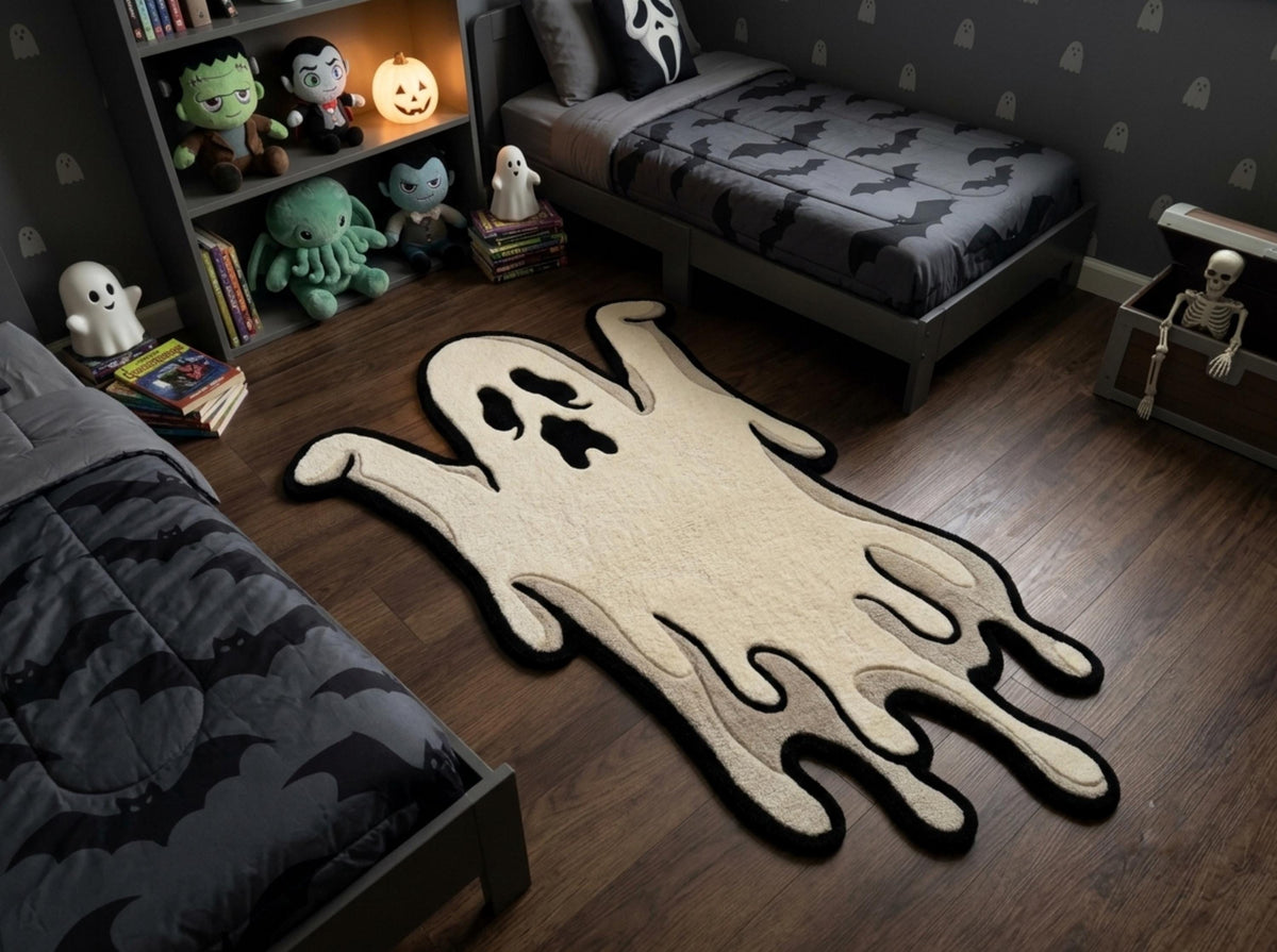 Hand Tufted New Zealand Wool Ghost Rug, Cream Black Halloween Area Rug