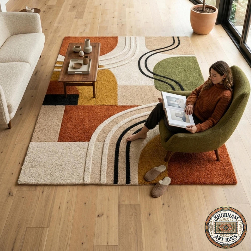 Hand Tufted Wool Rug, Abstract Geometric Area Carpet, Custom Size Living Room Home Decor