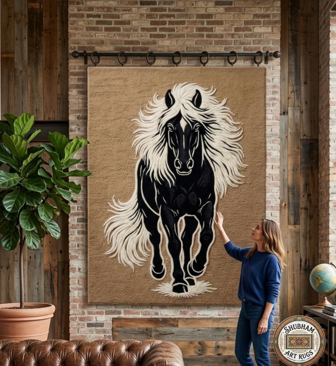 Hand Tufted Black Horse Wool Rug, Artistic Animal Area Carpet